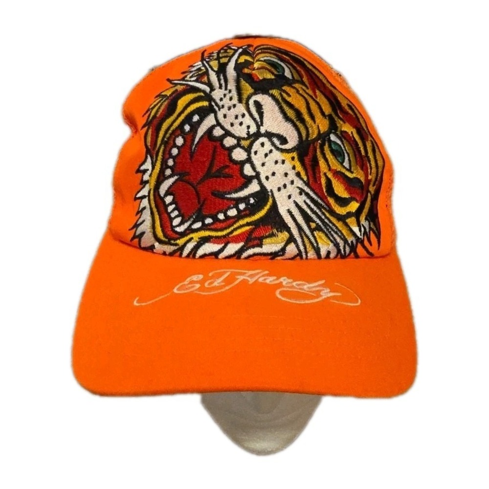 VINTAGE Y2K Ed Hardy Hat Cap Snap Back Orange Trucker Tattoo Tiger
